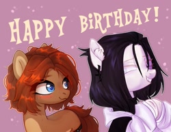 Size: 1166x900 | Tagged: safe, artist:shelti, imported from derpibooru, oc, oc only, oc:owl, earth pony, pony, birthday, blushing, clothes, colored pupils, countershading, duo, duo female, ear piercing, earring, exclamation point, fangs, female, grin, happy, jewelry, long sleeves, mare, one eye closed, piercing, pink background, simple background, smiling, standing, text, wink