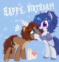 Size: 954x1000 | Tagged: safe, artist:shelti, imported from derpibooru, oc, oc only, oc:owl, earth pony, pegasus, pony, bipedal, bipedal leaning, birthday, blue background, blushing, colored pupils, countershading, duo, duo female, ear piercing, earring, exclamation point, fangs, female, folded wings, happy, jewelry, leaning, mare, one eye closed, open mouth, piercing, present, simple background, smiling, standing, text, wings, wink