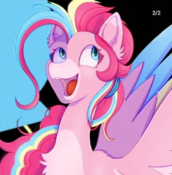 Size: 709x722 | Tagged: safe, artist:shackle_moon, imported from derpibooru, pinkie pie, pegasus, pony, bust, chest fluff, colored wings, ear fluff, facial markings, female, looking away, looking up, mare, mealy mouth (coat marking), multicolored mane, open mouth, open smile, pale belly, race swap, smiling, solo, spread wings, three quarter view, two toned wings, wings