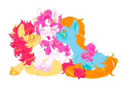Size: 1280x879 | Tagged: safe, artist:webkinzworldz, imported from derpibooru, patch (g1), sweetheart, teddy, earth pony, pony, my little pony tales, bisexual, bisexual female, cheek kiss, female, g1, kiss sandwich, kissing, lesbian, male, polyamory, polygamy, simple background, straight, transparent background, trio