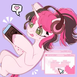 Size: 2000x2000 | Tagged: safe, artist:shelti, imported from derpibooru, oc, pony, unicorn, colored pupils, commission, female, freckles, gaming, happy, headphones, heart, hoof hold, horn, lying down, mare, nintendo switch, on back, ponytail, purple background, simple background, solo, speech bubble, tongue out