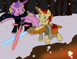 Size: 1024x792 | Tagged: safe, artist:fairiegirl101, imported from derpibooru, princess skyla, oc, oc:meridia, alicorn, pony, alicorn oc, crossover, duo, female, glowing, glowing horn, horn, kylo ren, lightsaber, magic, magic aura, star wars, telekinesis, weapon, wings