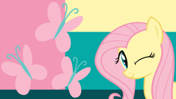 Size: 1920x1080 | Tagged: safe, artist:blackgryph0n, artist:princessmedley13, artist:the smiling pony, edit, imported from derpibooru, fluttershy, pegasus, pony, abstract background, cutie mark, female, looking at you, mare, one eye closed, smiling, smiling at you, solo, wallpaper, wallpaper edit, wink, winking at you