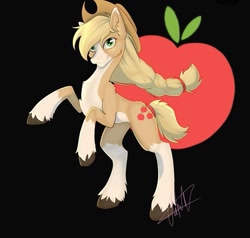 Size: 703x670 | Tagged: safe, imported from derpibooru, applejack, earth pony, pony, abstract background, apple, applejack's hat, coat markings, cowboy hat, food, hairband, hat, rearing, redesign, solo