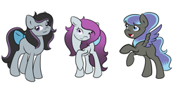 Size: 1500x750 | Tagged: safe, artist:fairiegirl101, imported from derpibooru, oc, oc only, oc:felicity, oc:lilac aria, oc:sable blush, earth pony, pegasus, earth pony oc, magical lesbian spawn, offspring, parent:octavia melody, parent:rarity, parents:raritavia, pegasus oc, simple background, trio, white background