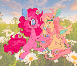 Size: 1280x1103 | Tagged: safe, artist:webkinzworldz, imported from derpibooru, fluttershy, pinkie pie, earth pony, pegasus, pony, blushing, duo, female, flower, flower in hair, flutterpie, lesbian, looking at each other, looking at someone, real life background, shipping, smiling, smiling at each other