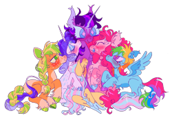 Size: 1280x890 | Tagged: safe, artist:webkinzworldz, imported from derpibooru, applejack, fluttershy, pinkie pie, rainbow dash, rarity, twilight sparkle, classical unicorn, earth pony, pegasus, pony, unicorn, alternate design, blushing, cloven hooves, cuddling, female, leonine tail, lesbian, mane six, omniship, polyamory, polygamy, shipping, simple background, tail, transparent background, twilight sparkle gets all the mares, unshorn fetlocks