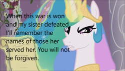 Size: 1280x720 | Tagged: safe, edit, edited screencap, imported from derpibooru, screencap, princess celestia, alicorn, pony, derpibooru, the crystal empire, angry, bust, caption, downvote bait, female, image macro, mare, meta, op is a duck, solo, text, threatening