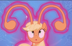 Size: 623x400 | Tagged: safe, imported from derpibooru, screencap, applejack, breezie, breeziefied, bust, magic, magic aura, missing accessory, portrait, sky, solo, species swap, transformation