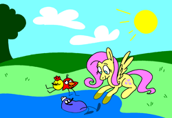 Size: 1316x900 | Tagged: safe, artist:msponies, imported from derpibooru, fluttershy, pegasus, pony, cloud, crossover, februpony, female, g4, looking down, lying down, mare, ms paint, outdoors, peep and the big wide world, prone, sitting, smiling, spread wings, sun, tree, water, wings