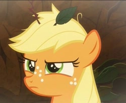 Size: 415x340 | Tagged: safe, imported from derpibooru, screencap, applejack, earth pony, going to seed, season 9, spoiler:s09, angry, cropped, cute, female, filly, flashback, foal, freckles, frown, jackabetes, leaf, looking up, madorable, messy hair, messy mane, orange coat, solo, twig, yellow hair, yellow mane, younger