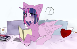 Size: 2000x1274 | Tagged: safe, artist:lolabu, imported from derpibooru, twilight sparkle, alicorn, pony, alternate hairstyle, bed, blanket, book, clothes, commission, cute, female, hoodie, looking at you, mare, pillow, plushie, question mark, reading, redesign, solo, twiabetes, twilight sparkle (alicorn), ych result