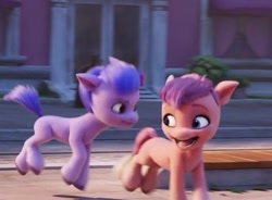 Size: 410x301 | Tagged: safe, imported from derpibooru, screencap, earth pony, pony, spoiler:my little pony: a new generation, cropped, duo, female, filly, foal, g5, maretime bay, my little pony: a new generation, open mouth, playing, running, unnamed character, unnamed pony