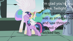 Size: 1280x720 | Tagged: safe, edit, edited screencap, imported from derpibooru, screencap, princess celestia, twilight sparkle, alicorn, pony, unicorn, derpibooru, friendship is magic, caption, downvote bait, image macro, meta, neck nuzzle, nuzzling, op is a duck, text