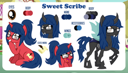 Size: 1200x689 | Tagged: safe, artist:jennieoo, imported from derpibooru, oc, oc:sweet scribe, changeling, pony, unicorn, amazed, cutie mark, fangs, glasses, laughing, ponytail, reference, reference sheet, show accurate, solo, vector