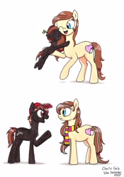 Size: 2453x3495 | Tagged: safe, artist:killerteddybear94, imported from derpibooru, button mash, oc, oc:cream heart, pony, clothes, colt, cream heart and button mash:best mother and son, cute, duo, female, foal, hat, hug, male, mother and child, mother and son, older, older button mash, older cream heart, open mouth, scarf, smiling, traditional art