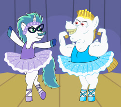 Size: 1600x1411 | Tagged: safe, imported from derpibooru, bulk biceps, pegasus, unicorn, ballerina, ballet, ballet slippers, clothes, comedy, fabio, funny, silly, snow, snowflake, tutu, tutus