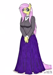 Size: 2474x3498 | Tagged: safe, artist:killerteddybear94, imported from derpibooru, fluttershy, anthro, clothes, ear piercing, earring, fluttergoth, goth, jewelry, long skirt, looking at you, necklace, piercing, skirt, smiling, solo, traditional art