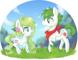 Size: 1353x1052 | Tagged: safe, artist:ne-chi, imported from derpibooru, oc, oc:gracidea, pony, shaymin, bandana, first meeting, looking at each other, looking at someone, mythical pokémon, open mouth, pokémon, raised hoof, simple background, transparent background