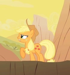 Size: 362x388 | Tagged: safe, imported from derpibooru, screencap, applejack, earth pony, pony, over a barrel, cropped, raised hoof, solo