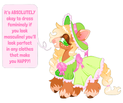 Size: 1280x1071 | Tagged: safe, artist:webkinzworldz, imported from derpibooru, applejack, earth pony, pony, alternate design, clothes, dress, hat, masculine, positive message, speech bubble