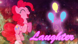Size: 1920x1080 | Tagged: safe, artist:blackgryph0n, artist:dalekstugaming, artist:peachspices, edit, imported from derpibooru, pinkie pie, earth pony, pony, bipedal, cutie mark, eyes closed, female, happy, mare, open mouth, open smile, ponyville, smiling, solo, stars, translucent, wallpaper, wallpaper edit