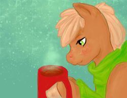 Size: 1024x792 | Tagged: safe, artist:mistylake, imported from derpibooru, oc, oc only, earth pony, pony, drink, earth pony oc, hoof hold, male, mug, solo