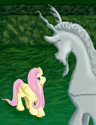 Size: 1024x1326 | Tagged: safe, artist:mistylake, imported from derpibooru, discord, fluttershy, draconequus, pegasus, pony, discord statue, female, male