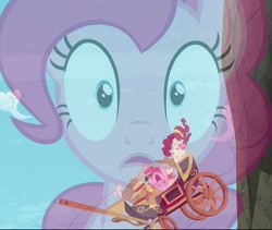 Size: 481x406 | Tagged: safe, imported from derpibooru, screencap, cherry jubilee, pinkie pie, earth pony, pony, party pooped, carriage, cropped, fading, female, mare, this will not end well, wheel