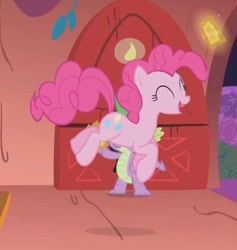 Size: 378x398 | Tagged: safe, imported from derpibooru, screencap, pinkie pie, spike, dragon, earth pony, pony, the ticket master, cropped, duo, female, hopping, male, mare, solo focus