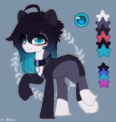 Size: 1624x1700 | Tagged: safe, artist:shelti, imported from derpibooru, oc, oc only, earth pony, pony, bald face, blaze (coat marking), blue background, coat markings, collar, colored pupils, facial markings, female, looking at you, mare, raised hoof, raised leg, reference sheet, simple background, socks (coat markings), solo