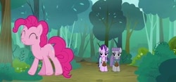 Size: 422x197 | Tagged: safe, imported from derpibooru, screencap, maud pie, pinkie pie, starlight glimmer, earth pony, pony, unicorn, rock solid friendship, eyes closed, trio