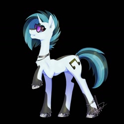 Size: 1440x1440 | Tagged: safe, artist:shackle_moon, imported from derpibooru, dj pon-3, vinyl scratch, pony, unicorn, black background, profile, raised hoof, redesign, side view, simple background, solo, sunglasses, unshorn fetlocks
