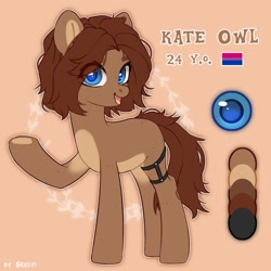 Size: 1700x1700 | Tagged: safe, artist:shelti, imported from derpibooru, oc, oc only, oc:owl, earth pony, pony, colored pupils, countershading, female, happy, looking at you, mare, open mouth, peach background, reference sheet, simple background, solo, standing, underhoof