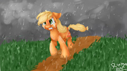 Size: 1920x1080 | Tagged: safe, artist:ryma2001, imported from derpibooru, applejack, earth pony, pony, blood, female, rain, solo