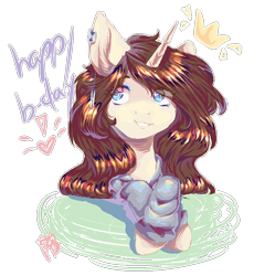 Size: 792x861 | Tagged: safe, artist:prettyshinegp, imported from derpibooru, oc, oc only, pony, unicorn, bust, ear piercing, earring, female, happy birthday, horn, jewelry, mare, piercing, solo, unicorn oc