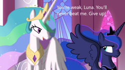 Size: 1280x720 | Tagged: safe, edit, edited screencap, imported from derpibooru, screencap, princess celestia, princess luna, alicorn, pony, derpibooru, the crystal empire, caption, downvote bait, duo, image macro, meta, op is a duck, royal sisters, siblings, sisters, text