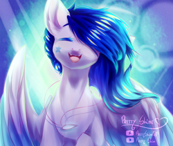 Size: 2667x2249 | Tagged: safe, artist:prettyshinegp, imported from derpibooru, oc, oc only, pegasus, pony, abstract background, bust, female, hair over one eye, mare, pegasus oc, signature, smiling, solo, wings