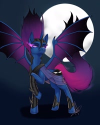 Size: 1440x1797 | Tagged: safe, artist:shackle_moon, imported from derpibooru, oc, oc only, oc:shackle, alicorn, bat pony, bat pony alicorn, pony, alicorn oc, bat wings, concave belly, female, full moon, glowing, glowing eyes, horn, mare, moon, offspring, parent:king sombra, parent:nightmare moon, parents:sombramoon, raised hoof, solo, spread wings, wings