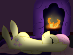 Size: 400x300 | Tagged: safe, artist:fluttershydaily, imported from derpibooru, fluttershy, eyes closed, fire, fireplace, hooves up, legs in air, lying down, on back