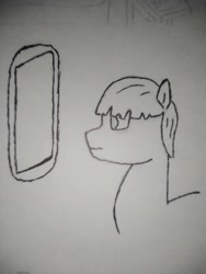 Size: 3120x4160 | Tagged: safe, artist:valuable ashes, imported from derpibooru, earth pony, pony, bags under eyes, mirror, solo, traditional art, worried