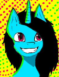 Size: 2153x2786 | Tagged: safe, artist:minckies, imported from derpibooru, oc, oc only, pony, unicorn, bust, female, grin, horn, mare, polka dot background, smiling, solo, unicorn oc