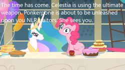 Size: 1053x592 | Tagged: safe, edit, edited screencap, imported from derpibooru, screencap, pinkie pie, princess celestia, alicorn, earth pony, pony, derpibooru, a bird in the hoof, caption, downvote bait, duo, female, image macro, mare, meta, op is a duck, text