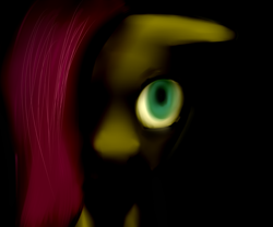 Size: 2683x2236 | Tagged: safe, artist:minckies, imported from derpibooru, fluttershy, pegasus, pony, bust, creepy, dark, female, hair over one eye, mare, solo