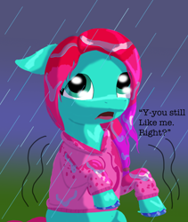 Size: 1600x1900 | Tagged: safe, artist:the crystal artist, derpibooru exclusive, imported from derpibooru, earth pony, pony, clothes, female, g5, gradient background, hoodie, hoof polish, jazz hooves, lineless, looking at you, mare, open mouth, question, rain, raised hooves, sad, shading, shaking, shivering, solo, talking to viewer, text, wet, wet clothes, wet mane