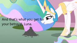 Size: 1054x592 | Tagged: safe, edit, edited screencap, imported from derpibooru, screencap, princess celestia, alicorn, pony, derpibooru, a bird in the hoof, caption, downvote bait, image macro, implied death, implied princess luna, meta, op is a duck, solo, text