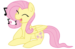 Size: 400x262 | Tagged: safe, artist:fluttershydaily, imported from derpibooru, fluttershy, pegasus, pony, eyes closed, lying down, music notes, open mouth, open smile, prone, simple background, singing, smiling, transparent background