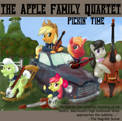 Size: 1429x1417 | Tagged: safe, artist:obsequiosity, imported from derpibooru, apple bloom, applejack, big macintosh, granny smith, octavia melody, earth pony, pony, apple family, band, banjo, cello, female, guitar, male, musical instrument, violin