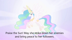 Size: 1280x720 | Tagged: safe, imported from derpibooru, screencap, princess celestia, alicorn, pony, derpibooru, caption, image macro, meta, propaganda, solo, text