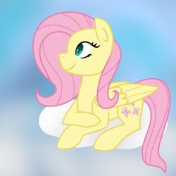 Size: 400x400 | Tagged: safe, artist:fluttershydaily, imported from derpibooru, fluttershy, cloud, lying down, lying on a cloud, on a cloud, prone, sky, smiling